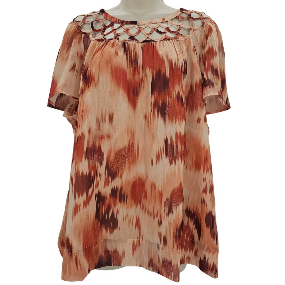 Daniel Rainn Womans size XL Short Sleeve Cutout Yoke Top Brown Round Neck NEW